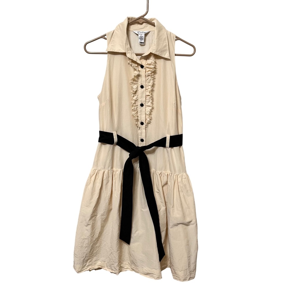 Lilly Pulitzer Silk Cotton Ruffle Shirtdress Cream Black Belt Size 8